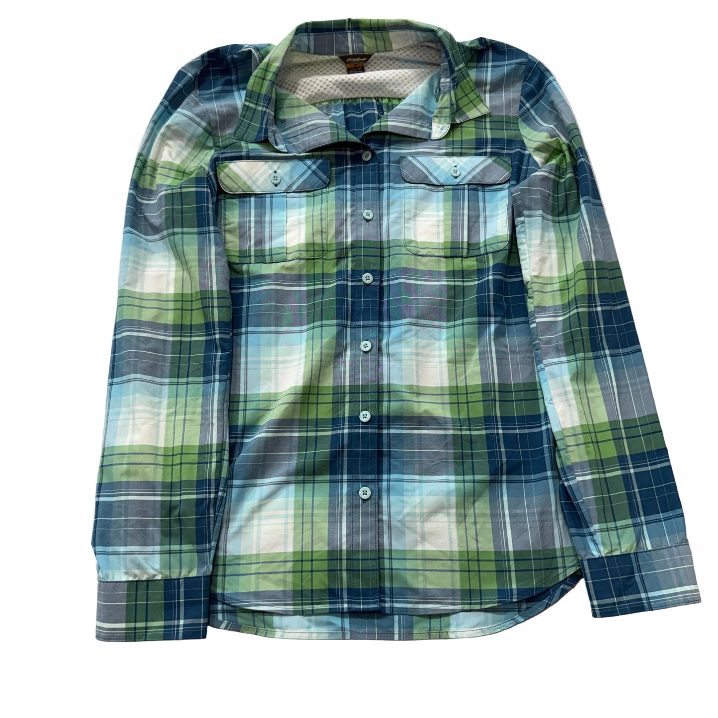 Eddie Bauer Women's Green Blue Nylon Plaid Button Up Shirt Pocket Outdoor Size M