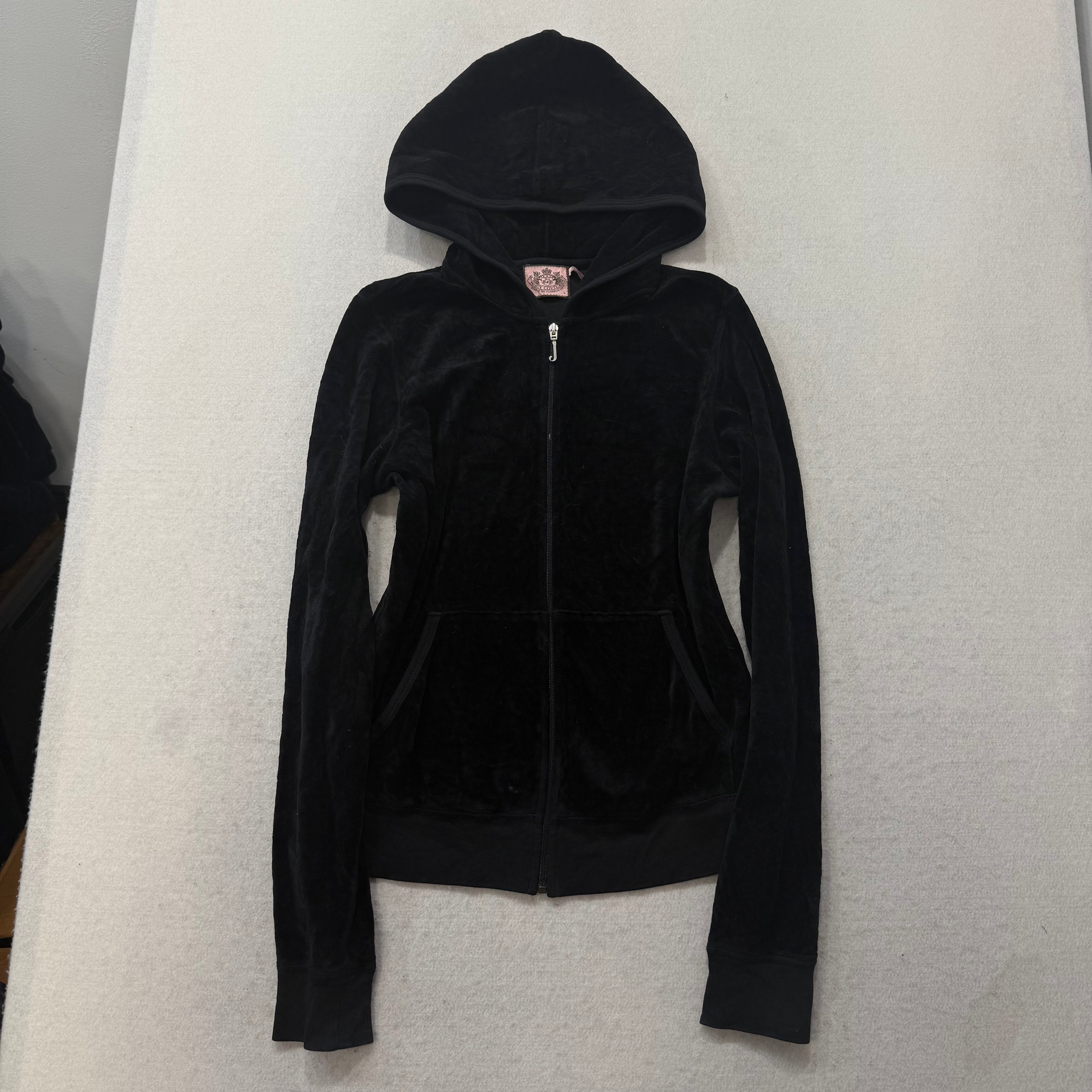 Juicy Couture Black Velour Tracksuit Set Zip Up Hoodie & Flared Pant Logo Size L