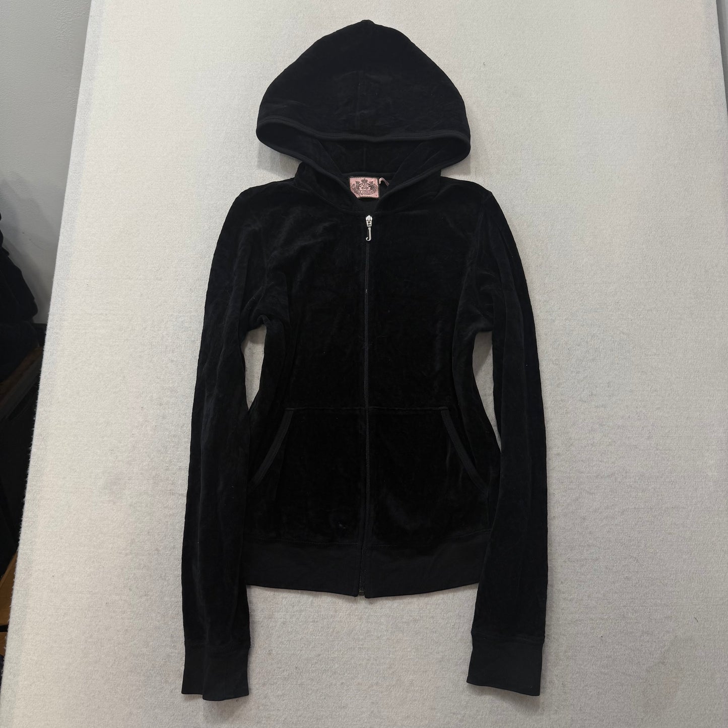 Juicy Couture Black Velour Tracksuit Set Zip Up Hoodie & Flared Pant Logo Size L