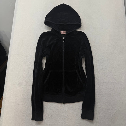 Juicy Couture Black Velour Tracksuit Set Zip Up Hoodie & Flared Pant Logo Size L