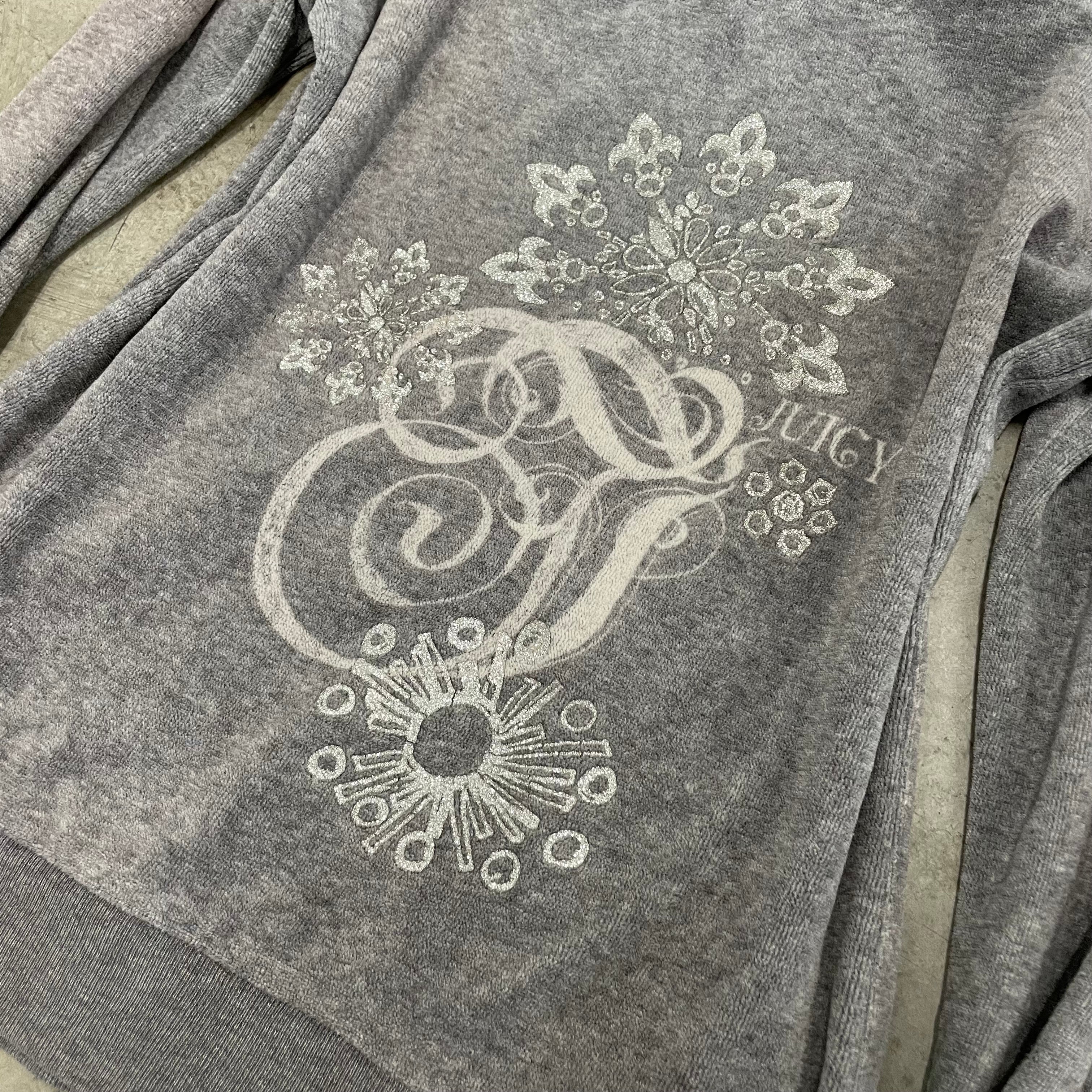 Vintage Juicy Couture Back Design grey velour zip up hoodie size 12