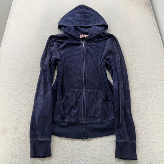 Vintage Juicy Couture Women's Navy Blue Velour Full Zip Hoodie Pockets Size L