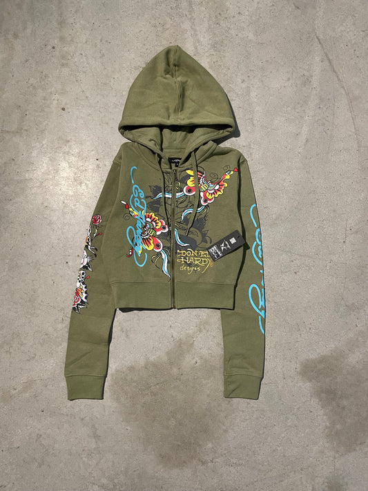 ED HARDY “BUTTERFLIES” SAGE CROPPED ZIP UP HOODIE