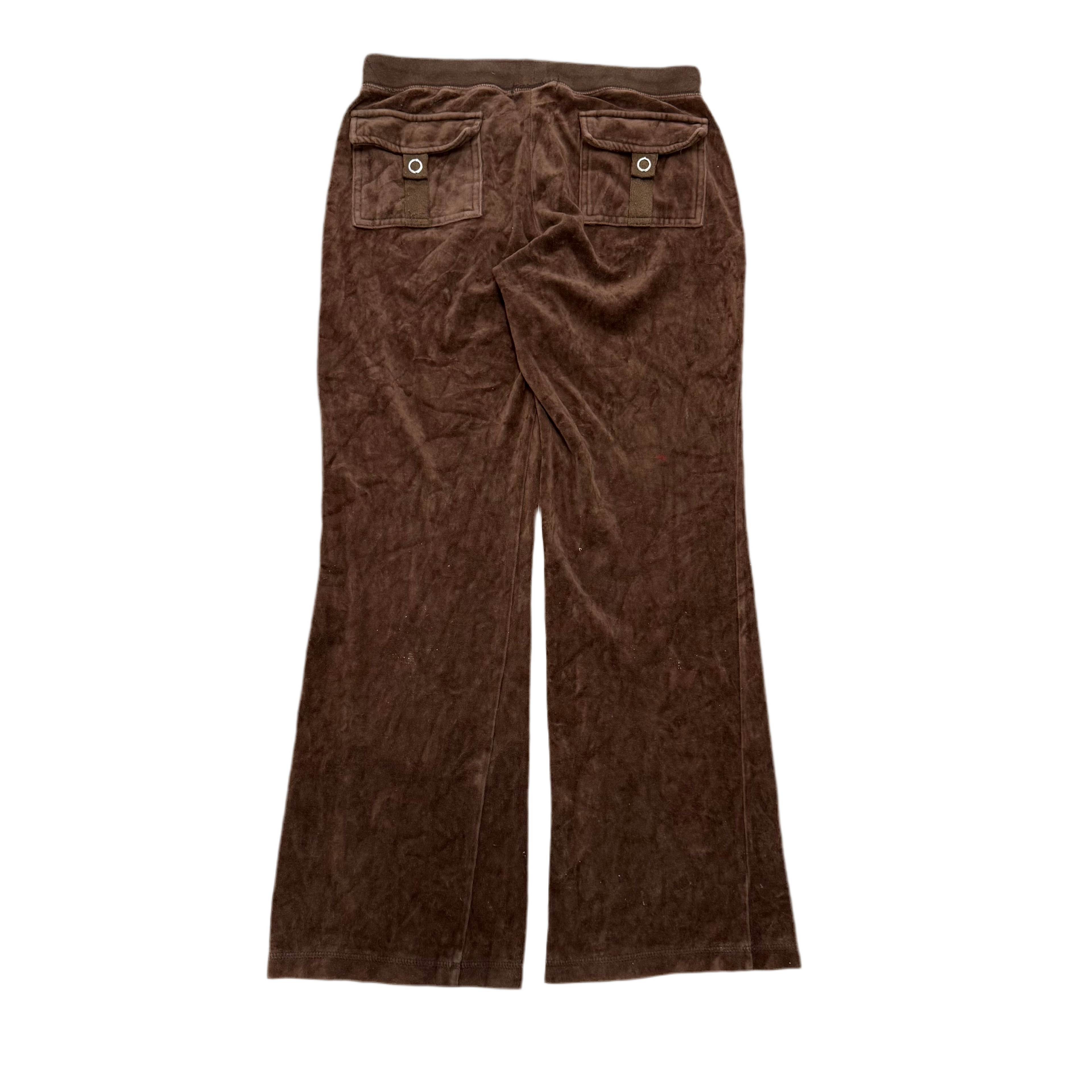 Brown VINTAGE Velour Juicy Couture Flared Pants w/ RARE BACK SNAP POCKETS SIZE M