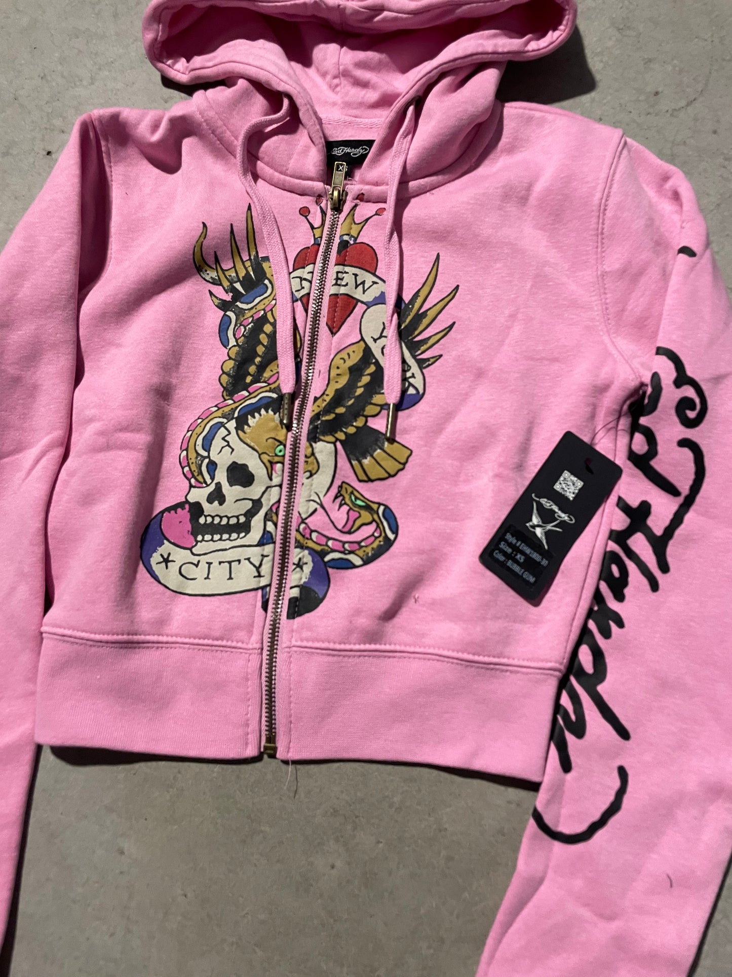 Ed Hardy “Flying Skull” Pink Crop Zip Up Hoodie