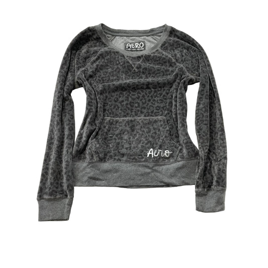 Aéropostale Womens Gray Leopard Print Velour Pullover Top Kangaroo Pocket Size L