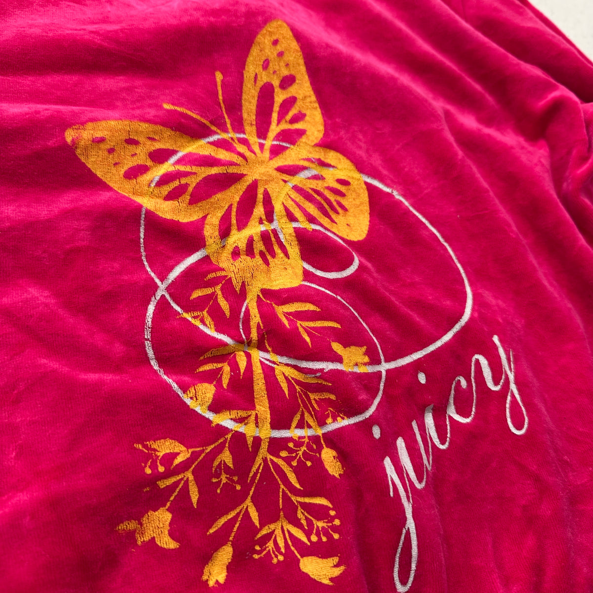 Juicy Couture Women's Hot Pink Velour Zip-Up Track Jacket Butterfly Graphic - XL