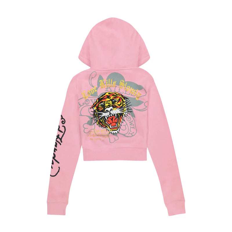 ED HARDY “TIGER DAGGER” PINK CROPPED ZIP UP HOODIE