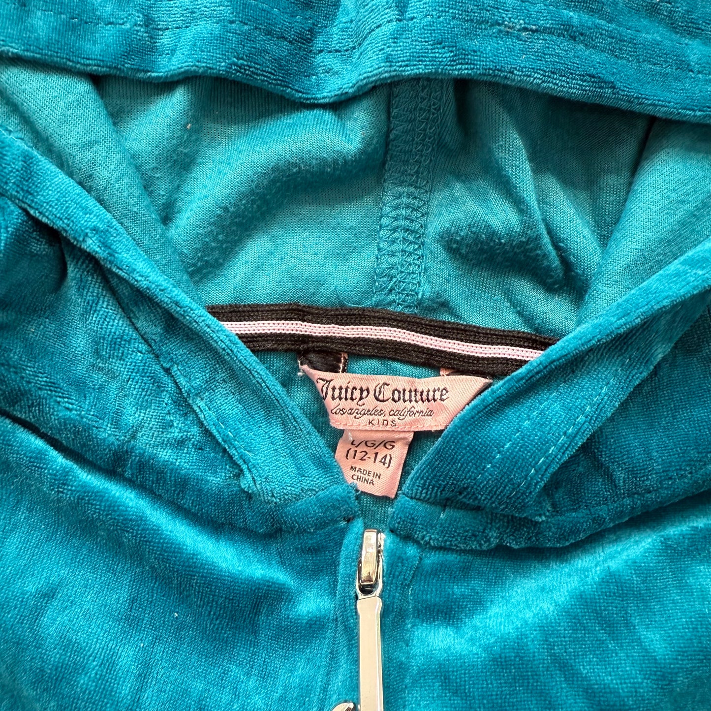 Juicy Couture Women's Turquoise Blue Velour Zip Up Hoodie Ruched Hem Logo Size L