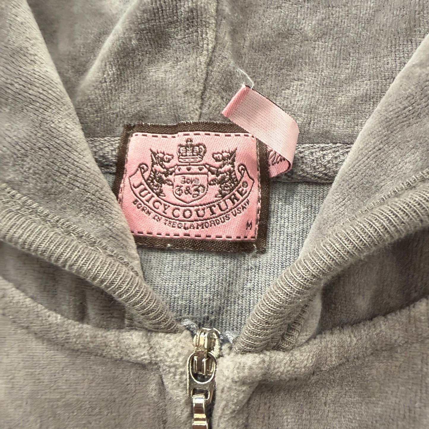 Juicy Couture Womens Grey Velour Zip-Up Hoodie Pockets Rhinestone Graphic Size M