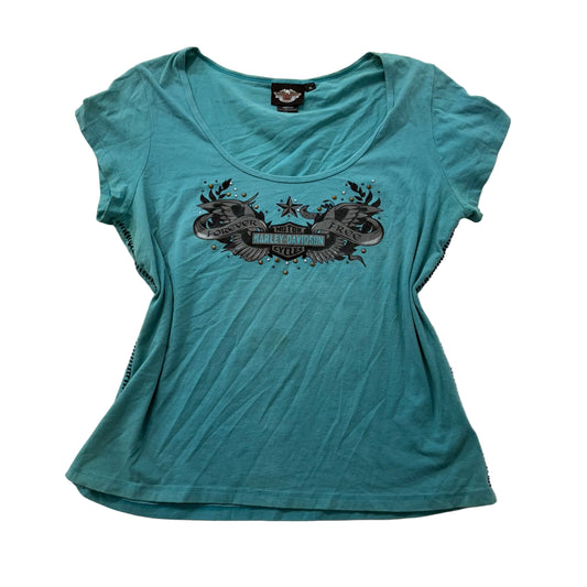 Harley-Davidson Women Teal T-Shirt Short Sleeve Rhinestone Embellishment Size XL