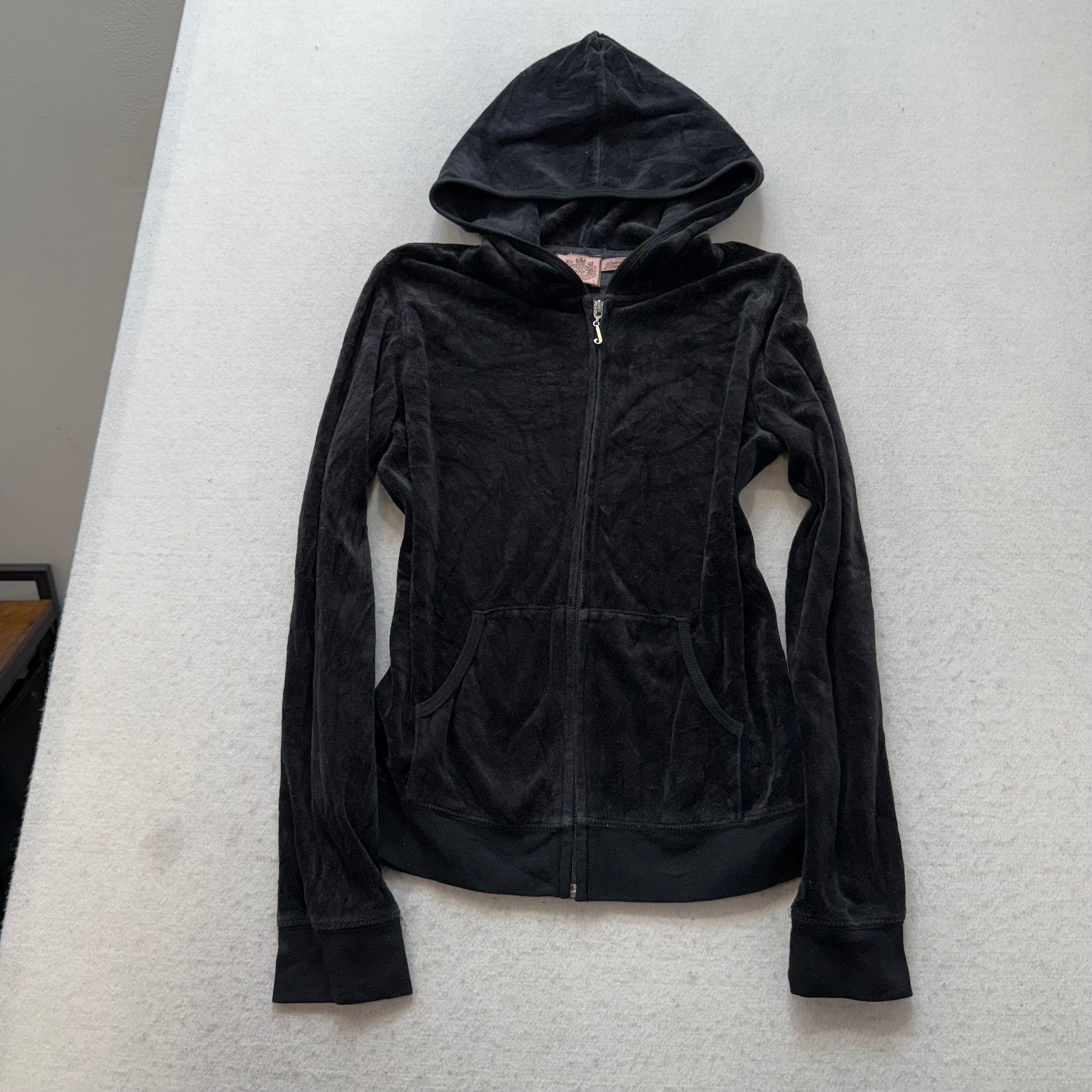 Vintage Juicy Couture Black Velour Tracksuit Set Zip-Up Hoodie & Pant Y2k Size L