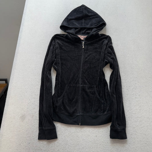 Vintage Juicy Couture Black Velour Tracksuit Set Zip-Up Hoodie & Pant Y2k Size L