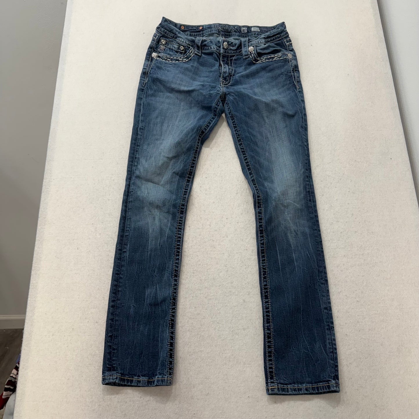 Miss Me Women Blue Denim Straight Leg Jean Embellished Rhinestone Pocket Size 30