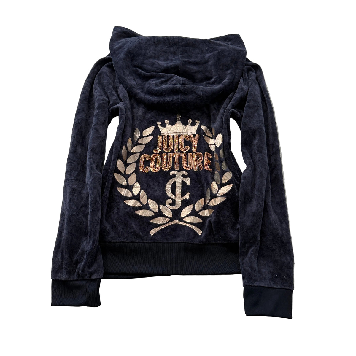 Juicy Couture Women's Navy Velour Zip-Up Hoodie Sequin Crest Logo Y2K Size L