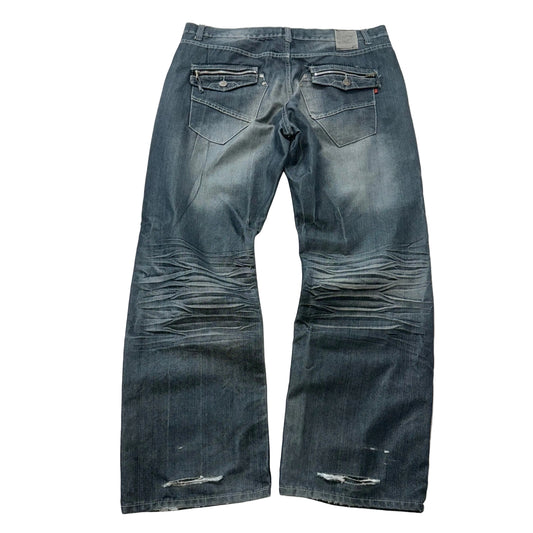 GS115 Men Medium Wash Blue Denim Straight Wide Leg Jeans Zip Flap Pocket Size 40