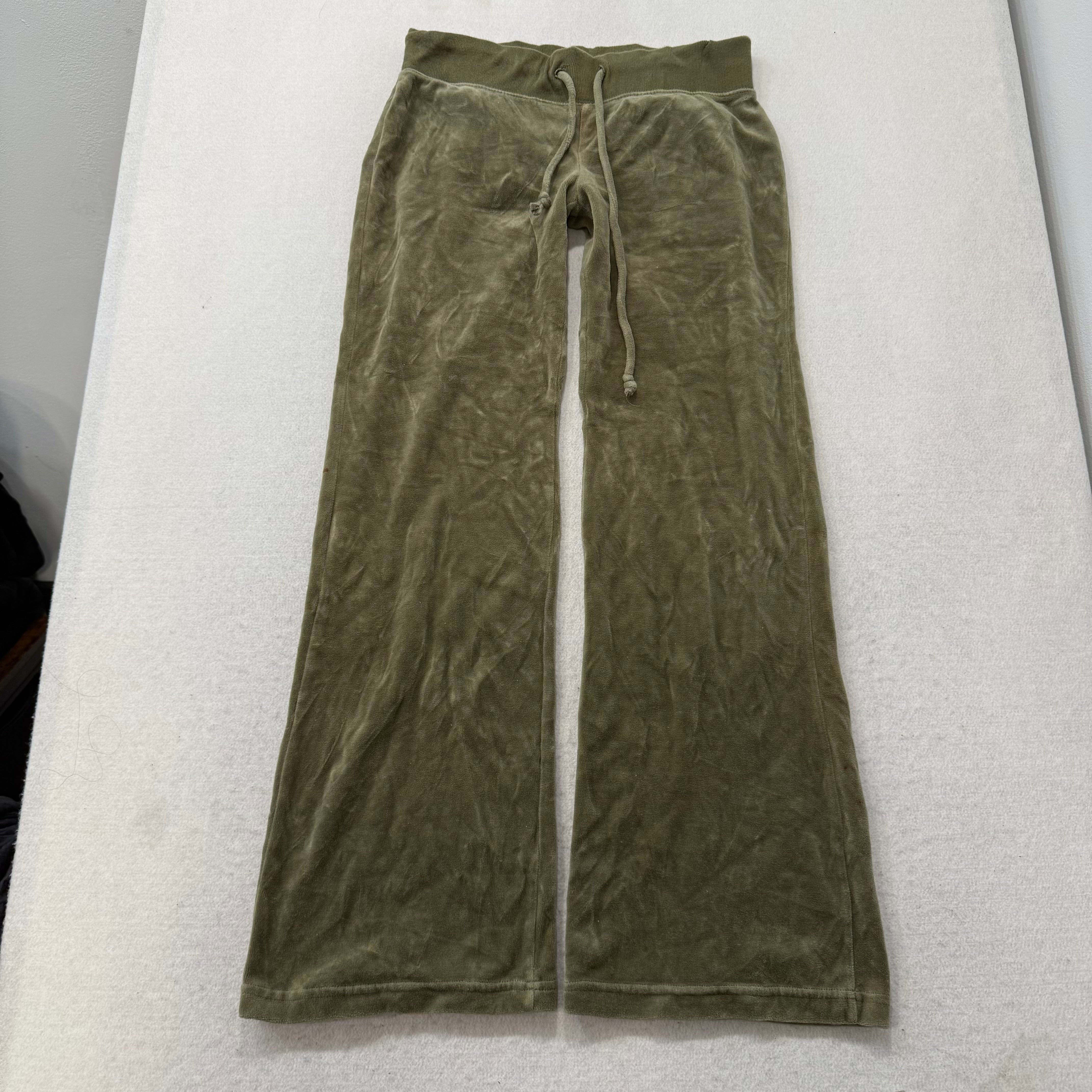 Vintage Juicy Couture Women's Olive Green Velour Flared Track Pant Pocket Size S
