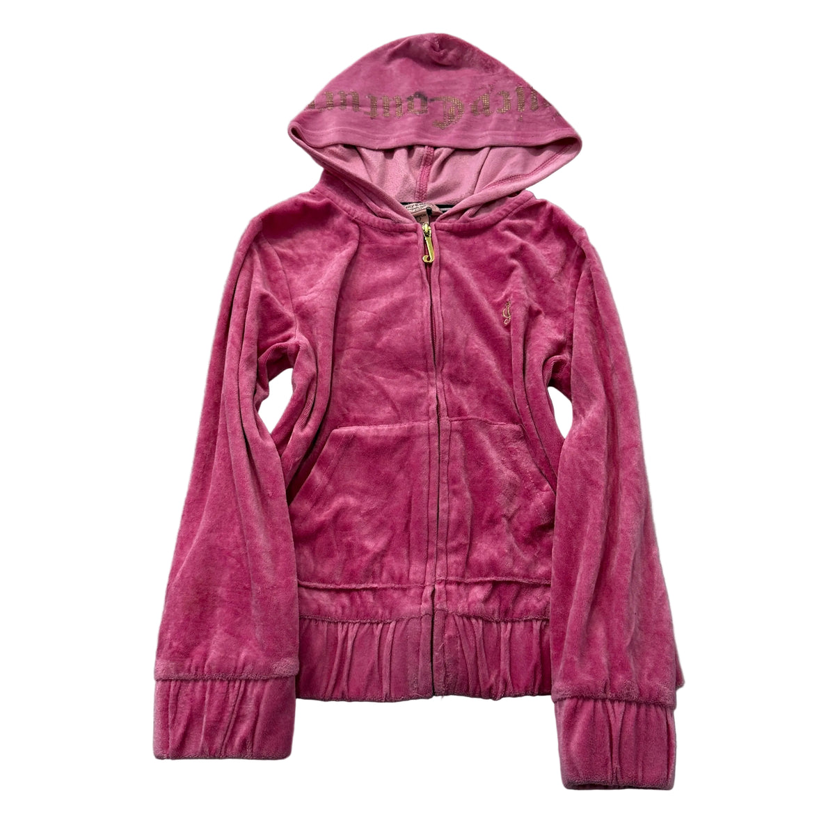 Juicy Couture Womens Pink Velour Zip-Up Hoodie Pockets Ruffle Hem Classic Size S