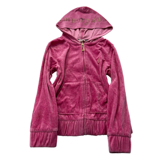 Juicy Couture Womens Pink Velour Zip-Up Hoodie Pockets Ruffle Hem Classic Size S