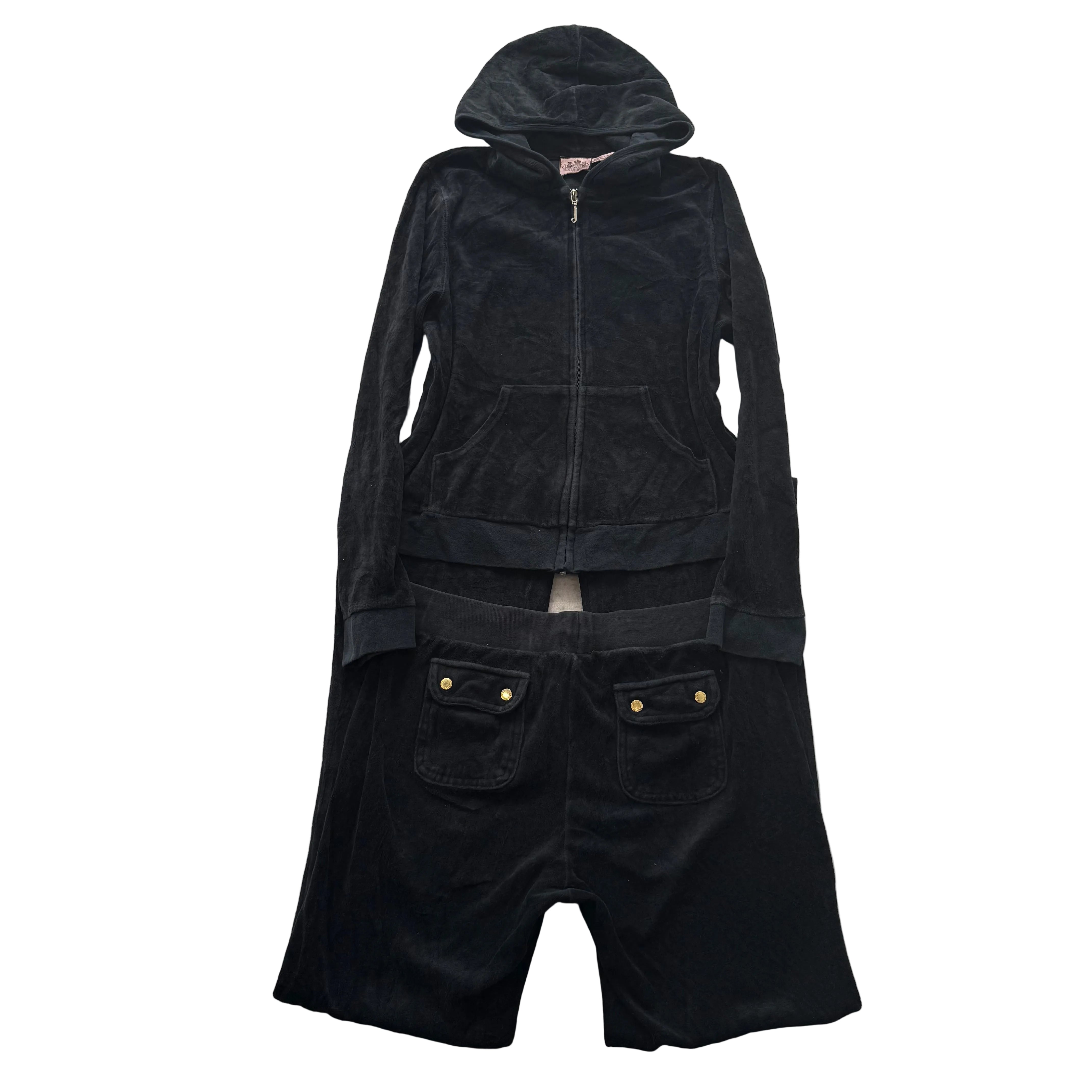 Juicy Couture Women Black Velour Tracksuit Set Hoodie & Snap Pockets Pant Size M