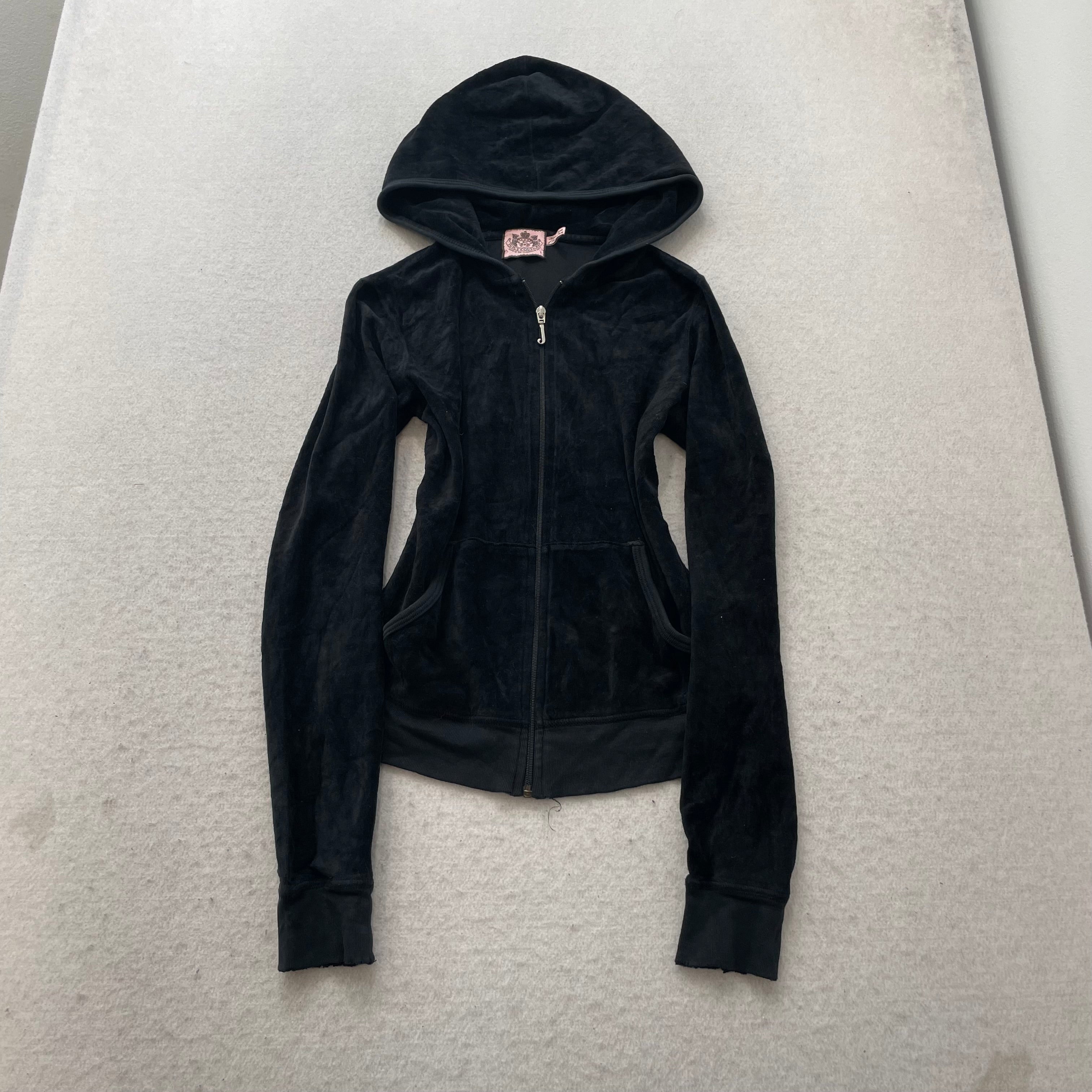Vintage Juicy Couture Women's Black Velour Zip-Up Hoodie Embroidered Logo Size S
