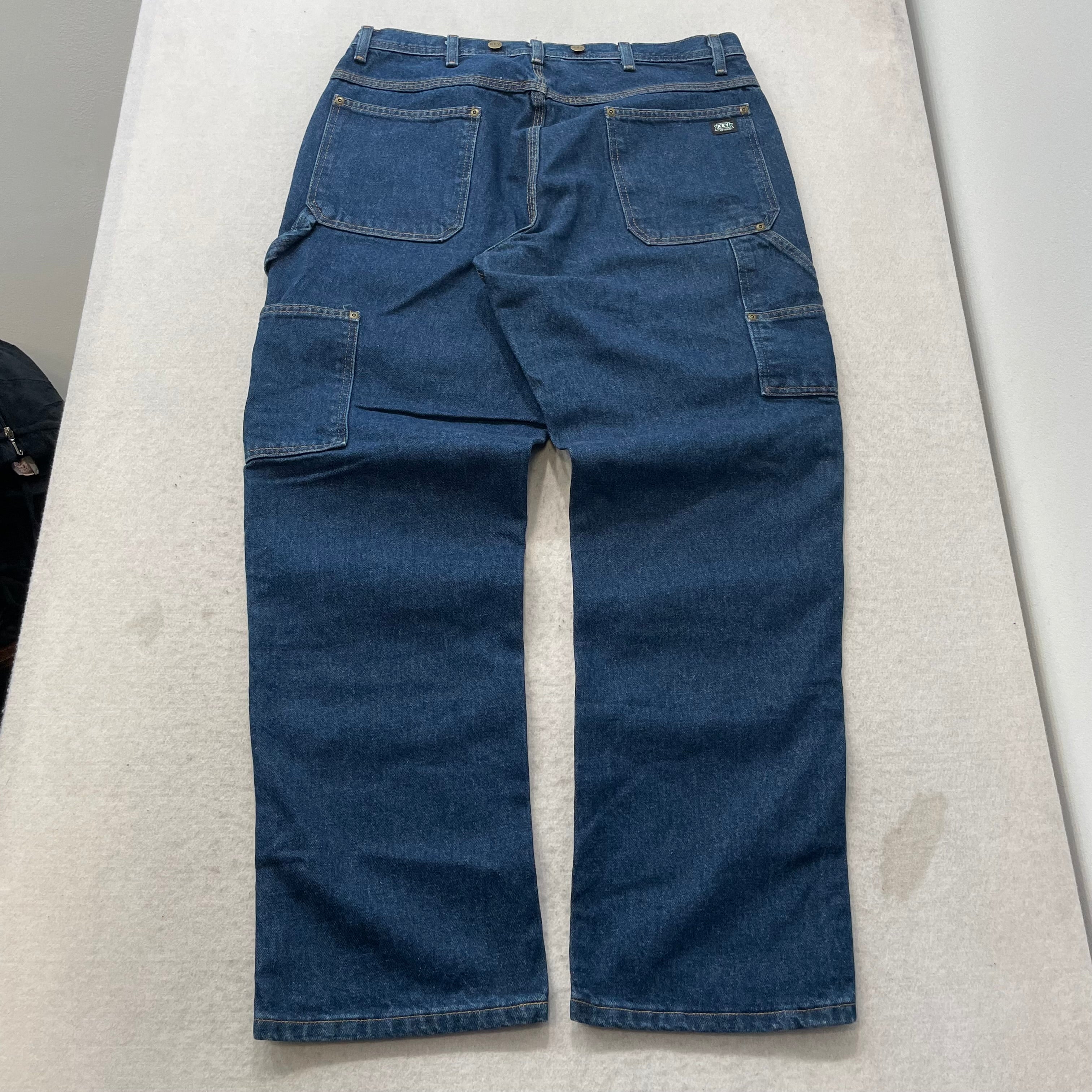 Key Men Blue Double Front Denim Logger Dungaree Jeans Workwear Casual Size 38x32