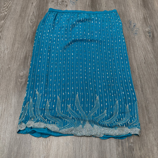 VTG Judith Ann Creations Women Teal Pure Silk Beaded Sequined Midi Skirt Size XS