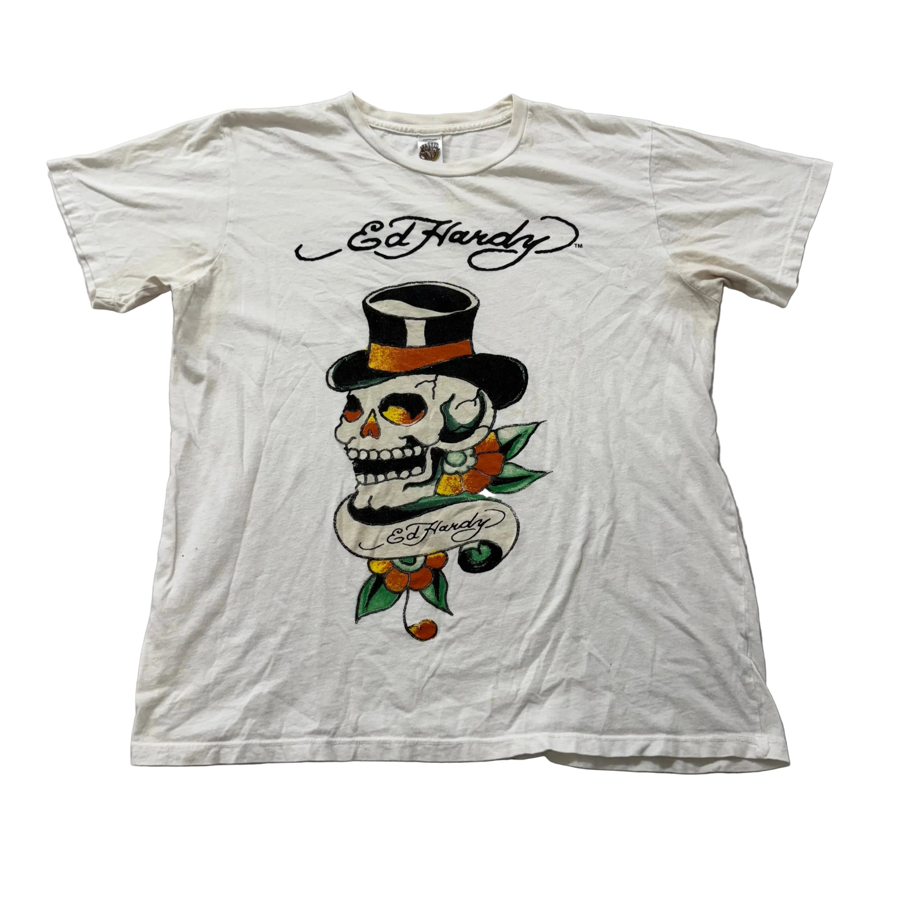 Ed Hardy Men's White Cotton T-Shirt Short Sleeves Skull Graphic Logo Tee Size L