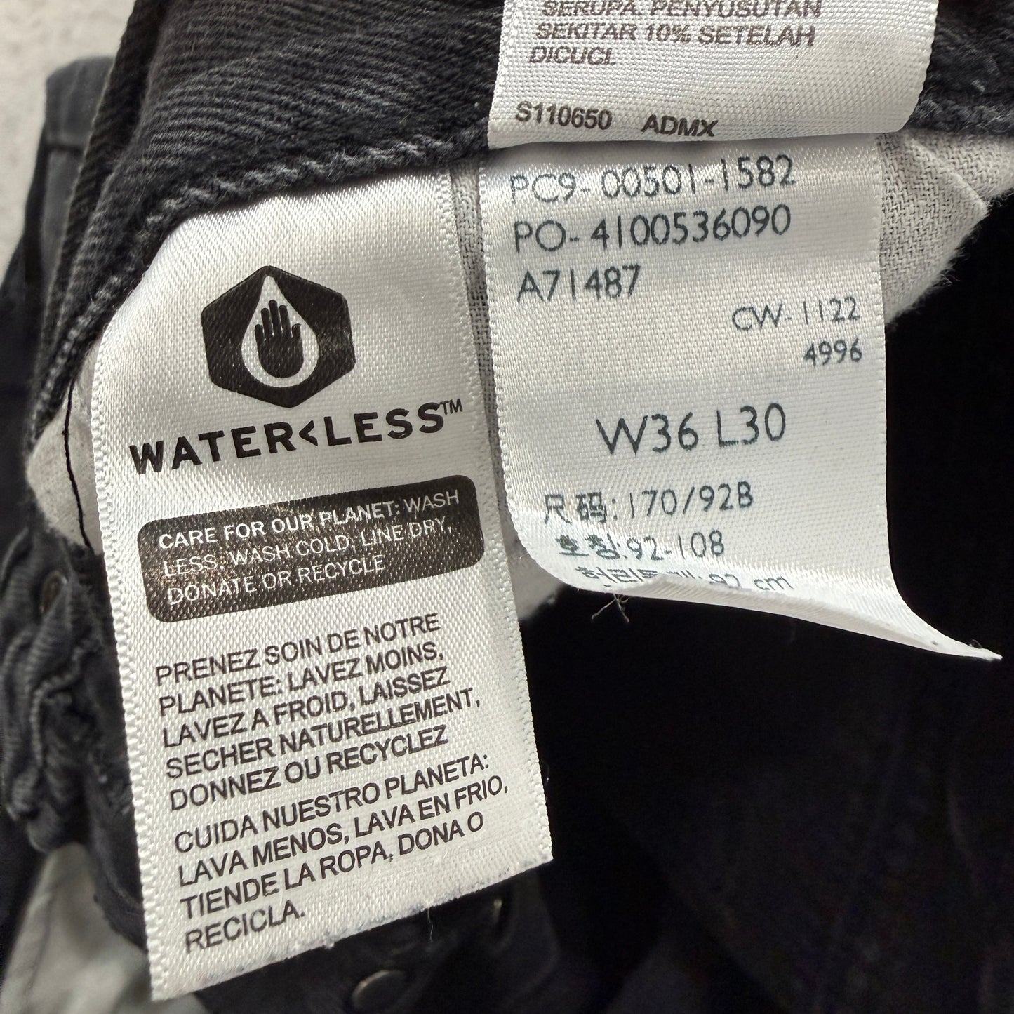 Levi's 501 Waterless Men's Black Denim Jeans Zip-Fly Pockets Classic Size 36x30
