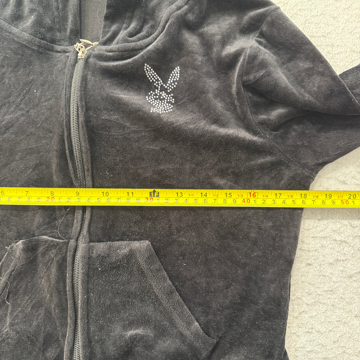 Playboy Women's Black Velour Cropped Zip Up Hoodie Rhinestone Logo Y2K Size M