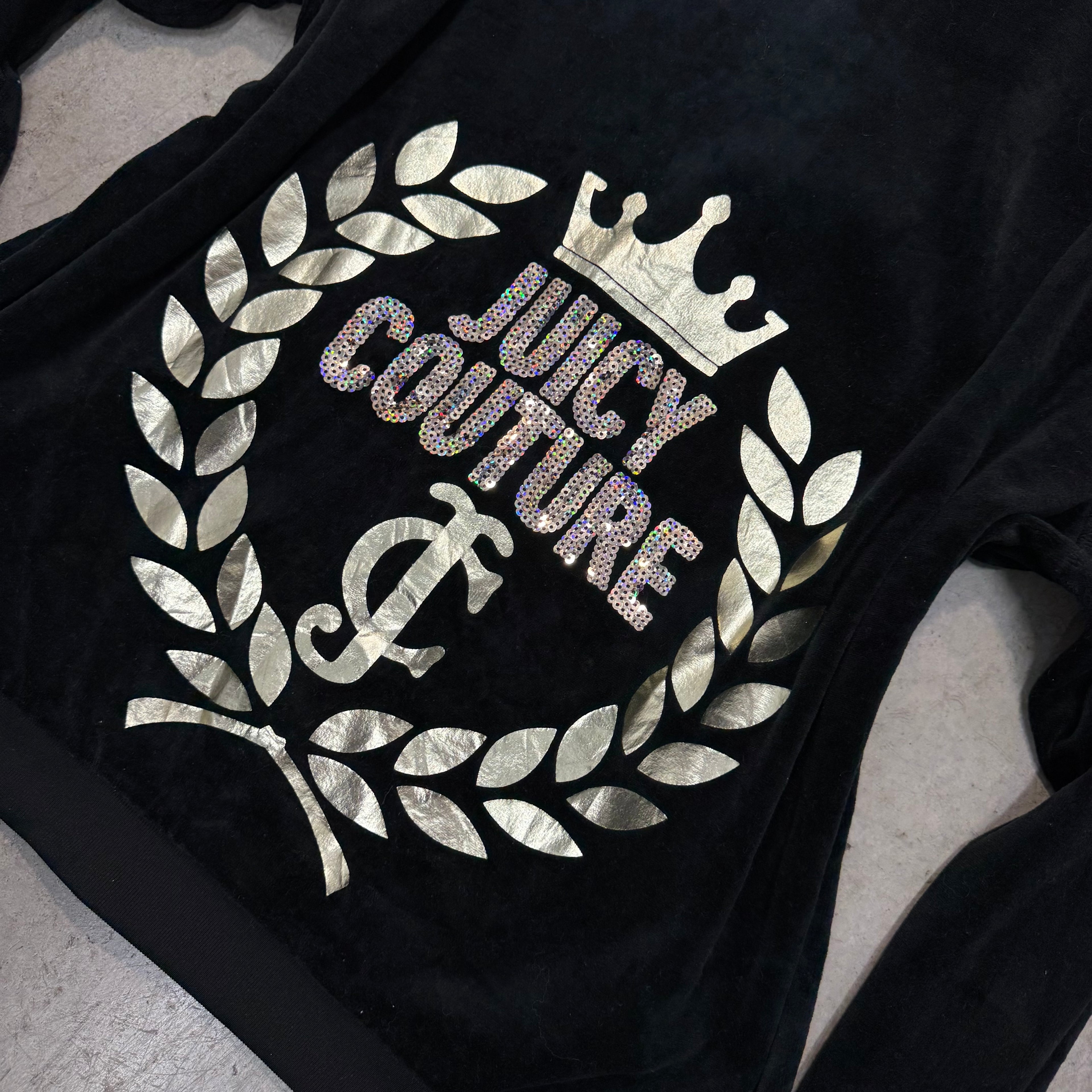 Black Velour Juicy Couture Hoodie w/ RARE EMBLEM DESIGN