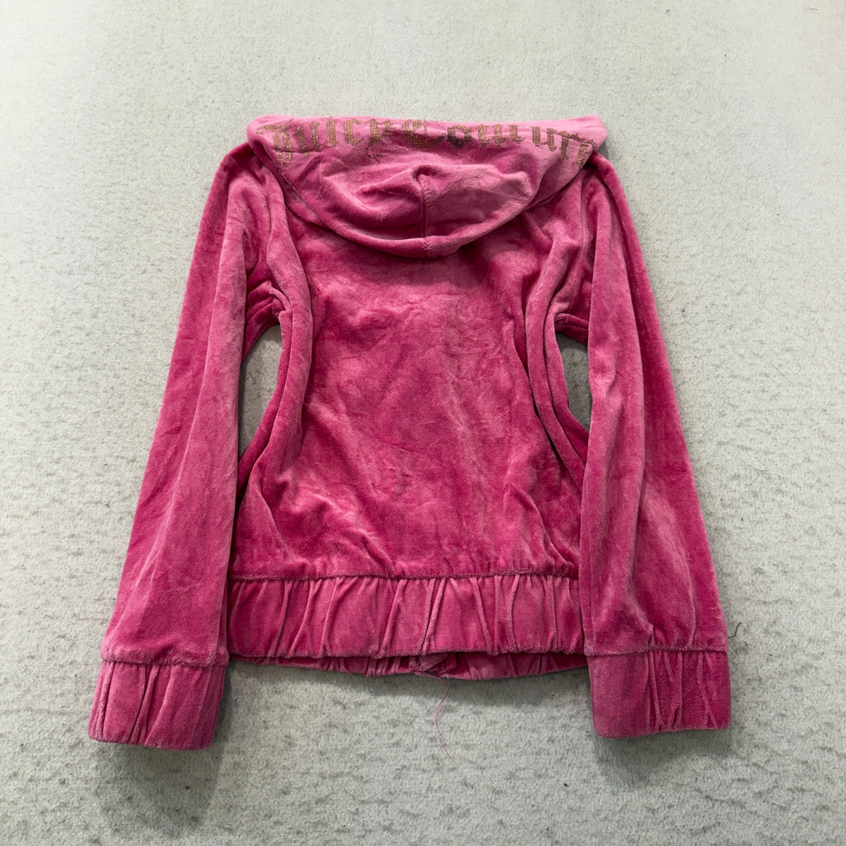 Juicy Couture Womens Pink Velour Zip-Up Hoodie Pockets Ruffle Hem Classic Size S