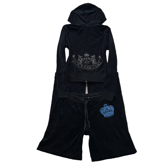 Juicy Couture Black Velour Tracksuit Set Zip Up Hoodie & Flared Pant Logo Size M