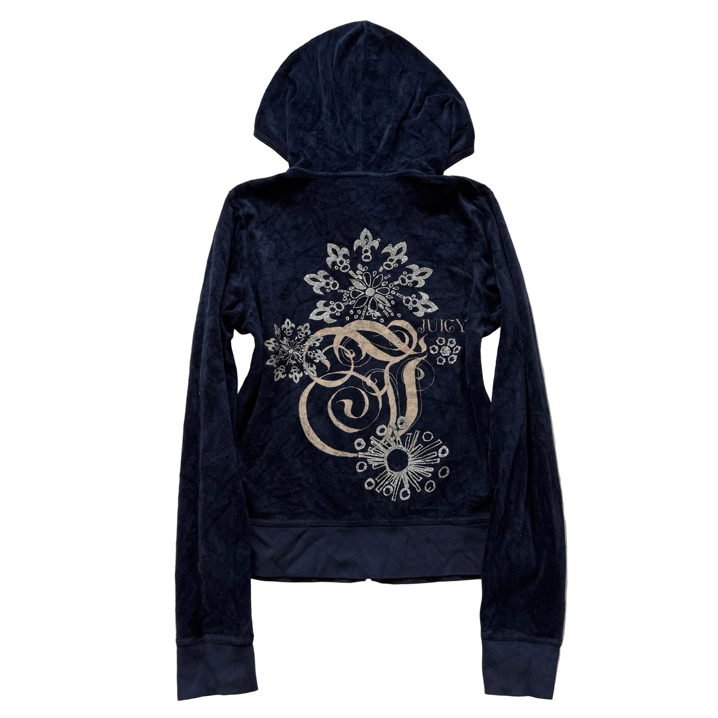 Juicy Couture Womens Midnight Navy Blue Velour Zip Up Hoodie Graphic Logo Size M