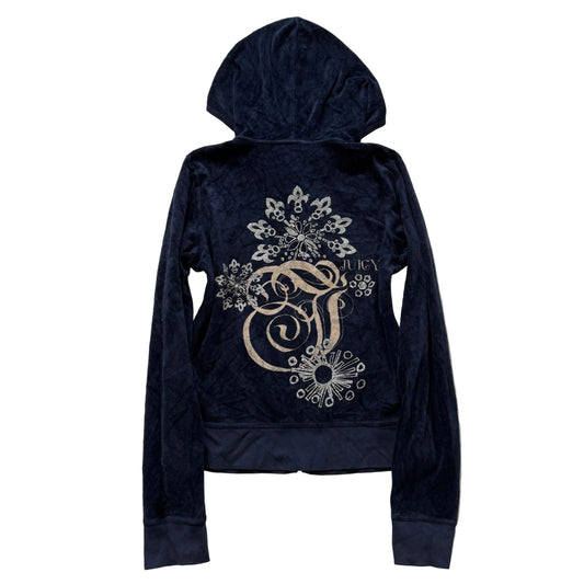 Juicy Couture Womens Midnight Navy Blue Velour Zip Up Hoodie Graphic Logo Size M