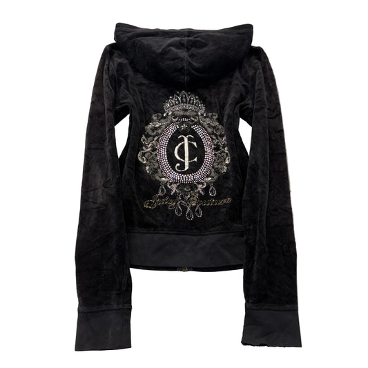 Juicy Couture Women's Black Velour Zip-Up Hoodie Rhinestone Crest Logo Size M