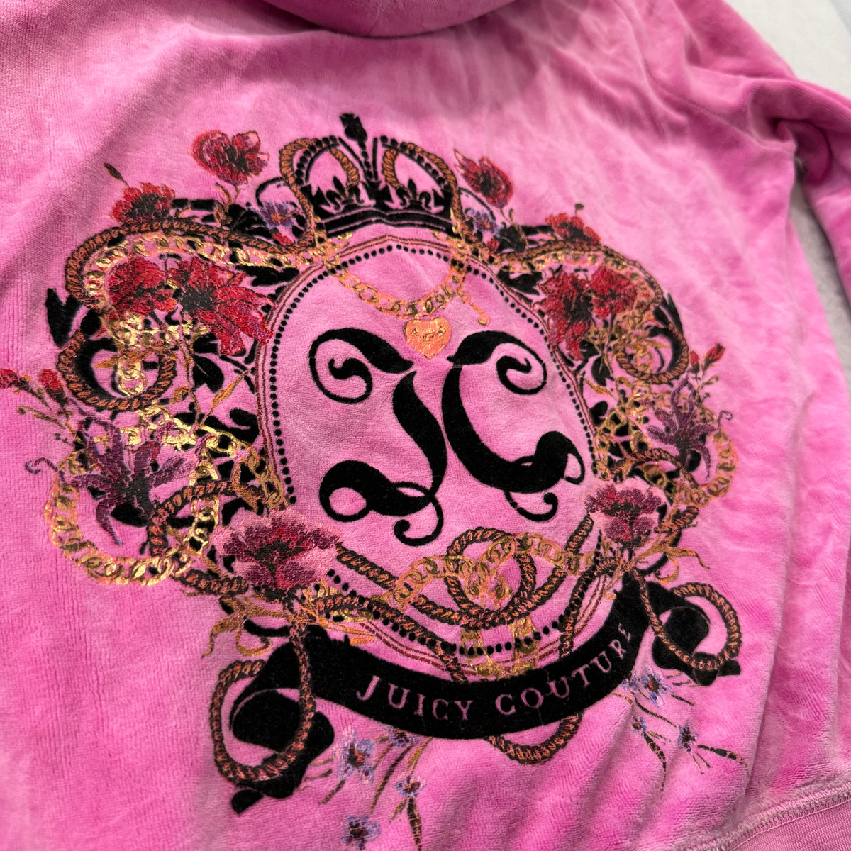 Juicy Couture Women's Pink Velour Zip-Up Hoodie Royal Crest Graphic Logo Size XL