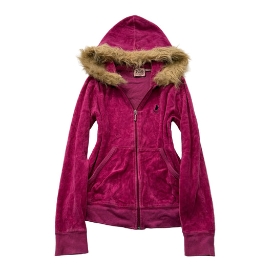 Juicy Couture Women's Pink Velour Zip-Up Hoodie Faux-Fur Trimmed Hood Size 14