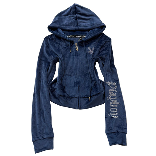 Playboy Women's Blue Velour Zip-Up Hoodie Rhinestone Embellished Pockets Size S