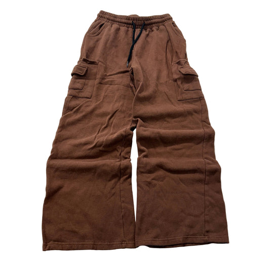 Wide Leg Cargo Sweatpants Women's Brown Fleece Drawstring Pockets Size M photo 1