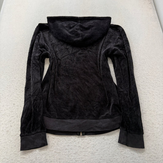 Juicy Couture Womens Black Velour Zip-Up Hoodie Loungewear Drawstring Y2K Size L