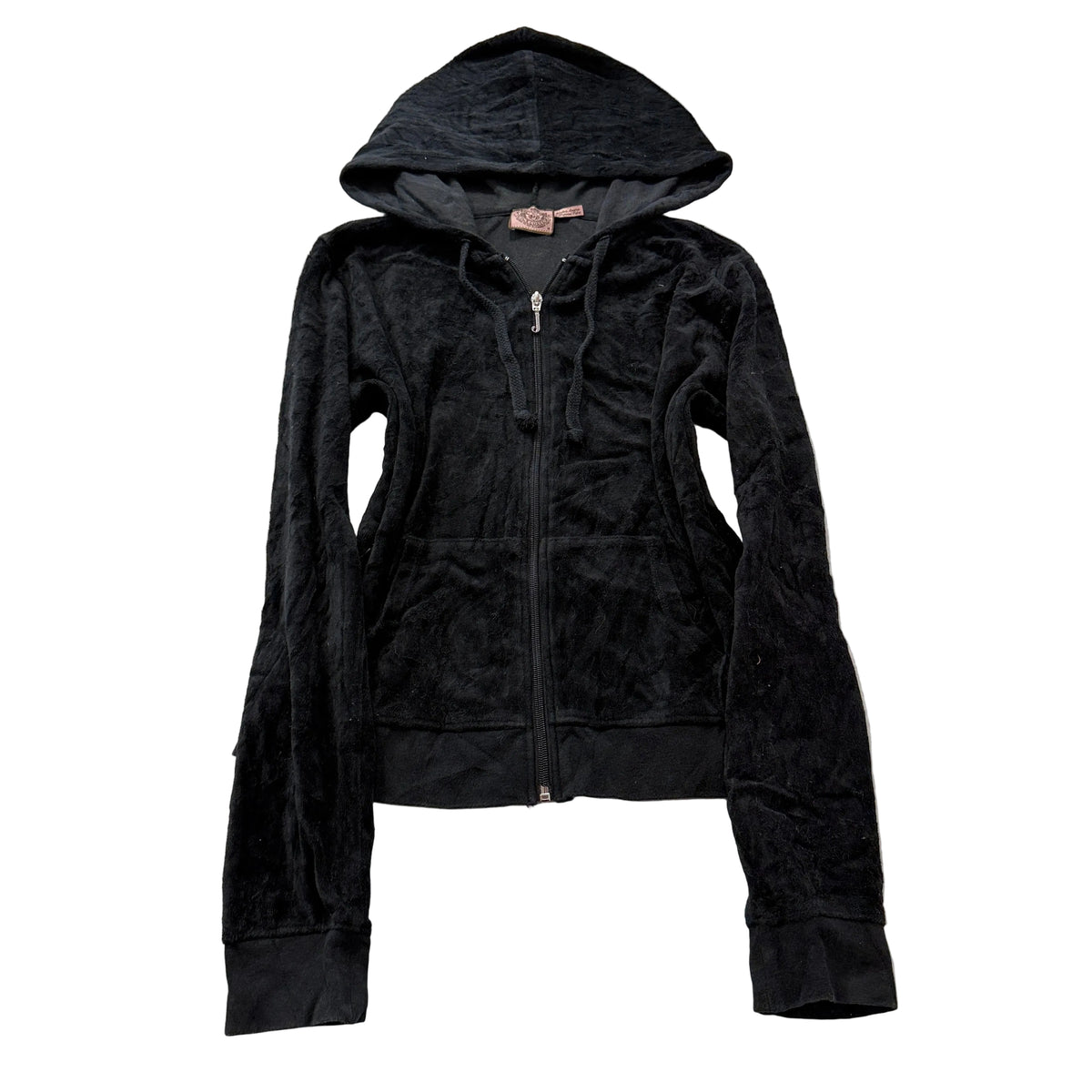 Juicy Couture Women's Black Velour Zip-Up Hoodie Pockets Drawstring Y2K Size M