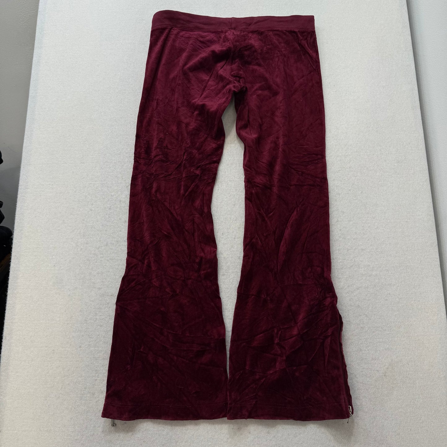 2003 Juicy Couture Women's Burgundy Velour Flared Track Pants Zipper Hem Size S