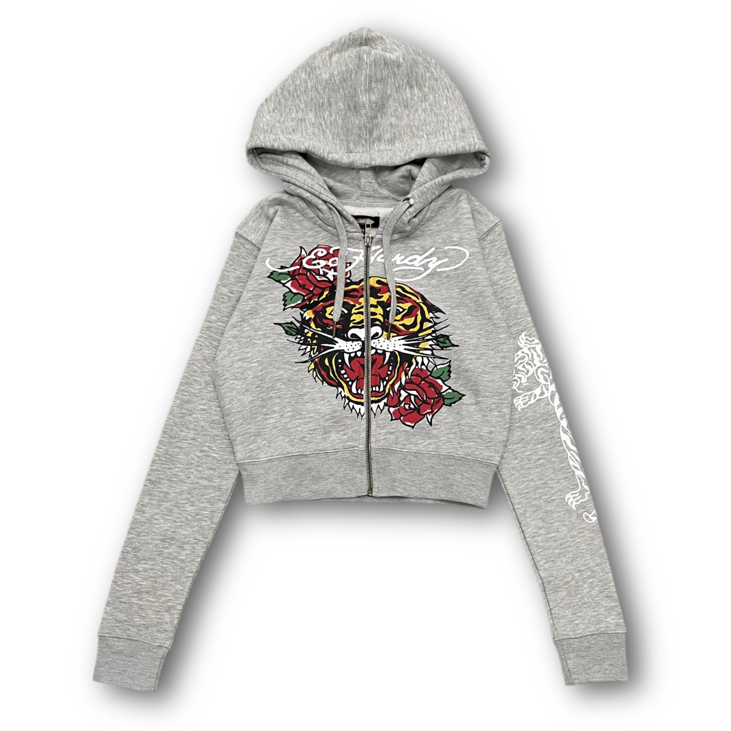 ED HARDY “Tiger Roar” GREY CROPPED ZIP UP HOODIE