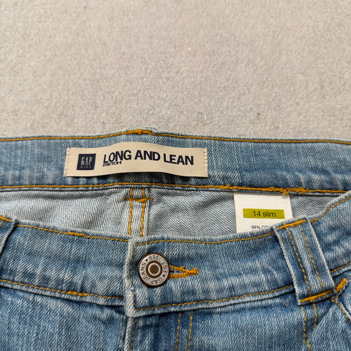 Gap Long and Lean Flare Jeans light wash blue tag detail