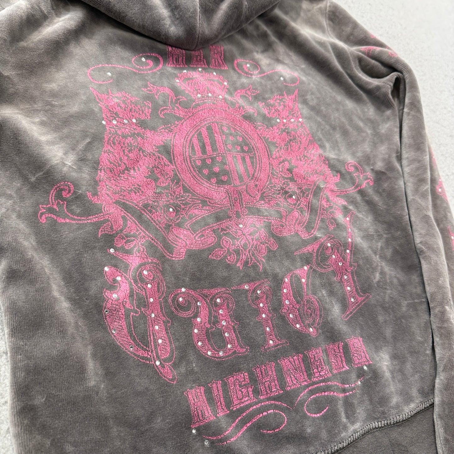 Juicy Couture Womens Grey Velour Zip-Up Hoodie Pockets Rhinestone Graphic Size M