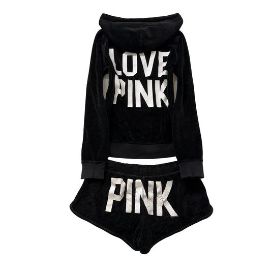 Vintage Victoria’s Secret PINK Love Pink Women's Black Velour Tracksuit Set - S