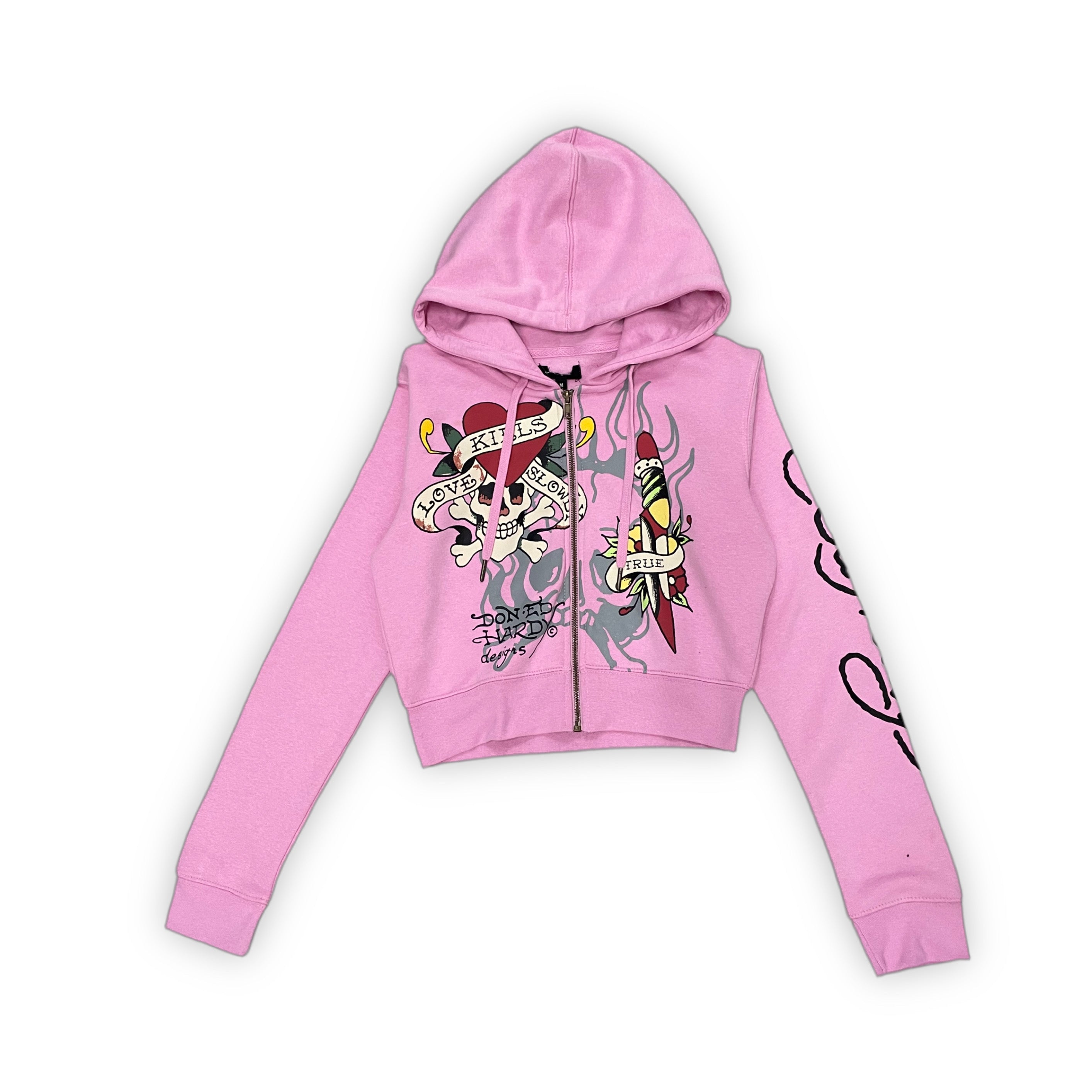 Ed Hardy “Tiger Dagger” Pink Cropped Zip Up Hoodie