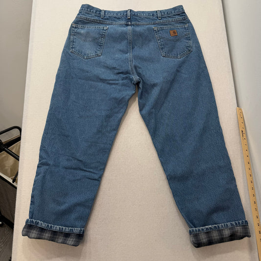 Carhartt Relaxed Fit Blue Denim Jeans Straight Leg Logo Patch Checkered Pocket Lining Size 42x32
