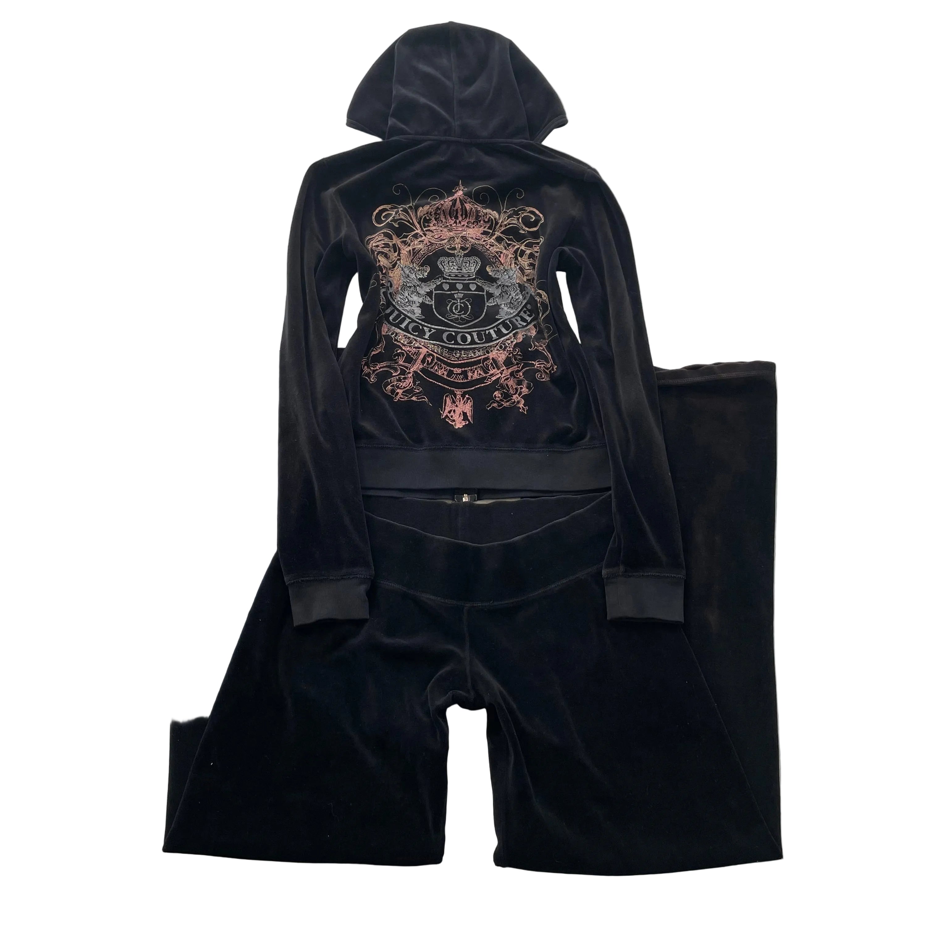 Vtg Juicy Couture Black Velour Tracksuit Set Graphic Hoodie & Track Pant - L/M